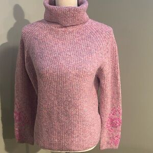 Pink Turtleneck Sweater With Sleeve Embroidery